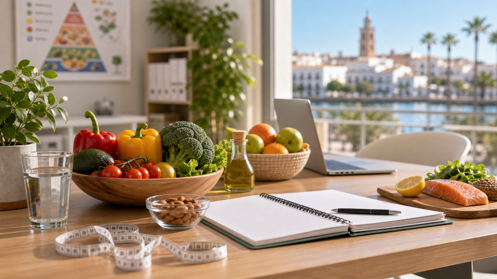 Consulta de nutricionista en Huelva con alimentos mediterráneos, cuaderno y cinta métrica