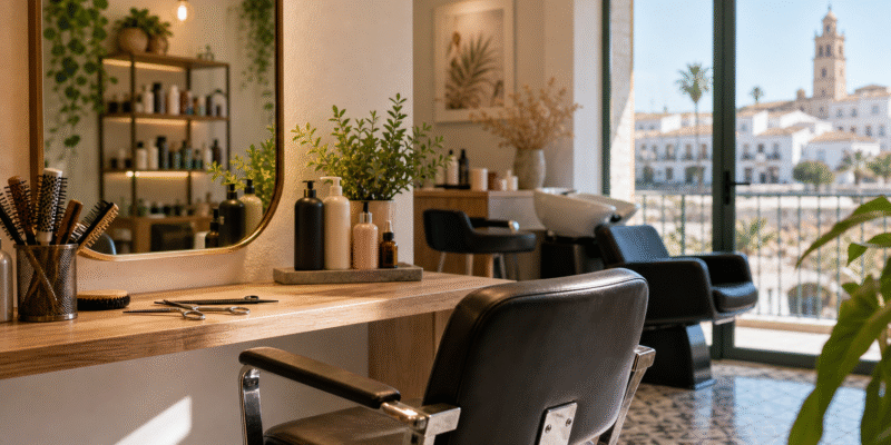 Interior luminoso de una peluquería en Huelva con silla de corte y productos de cabello