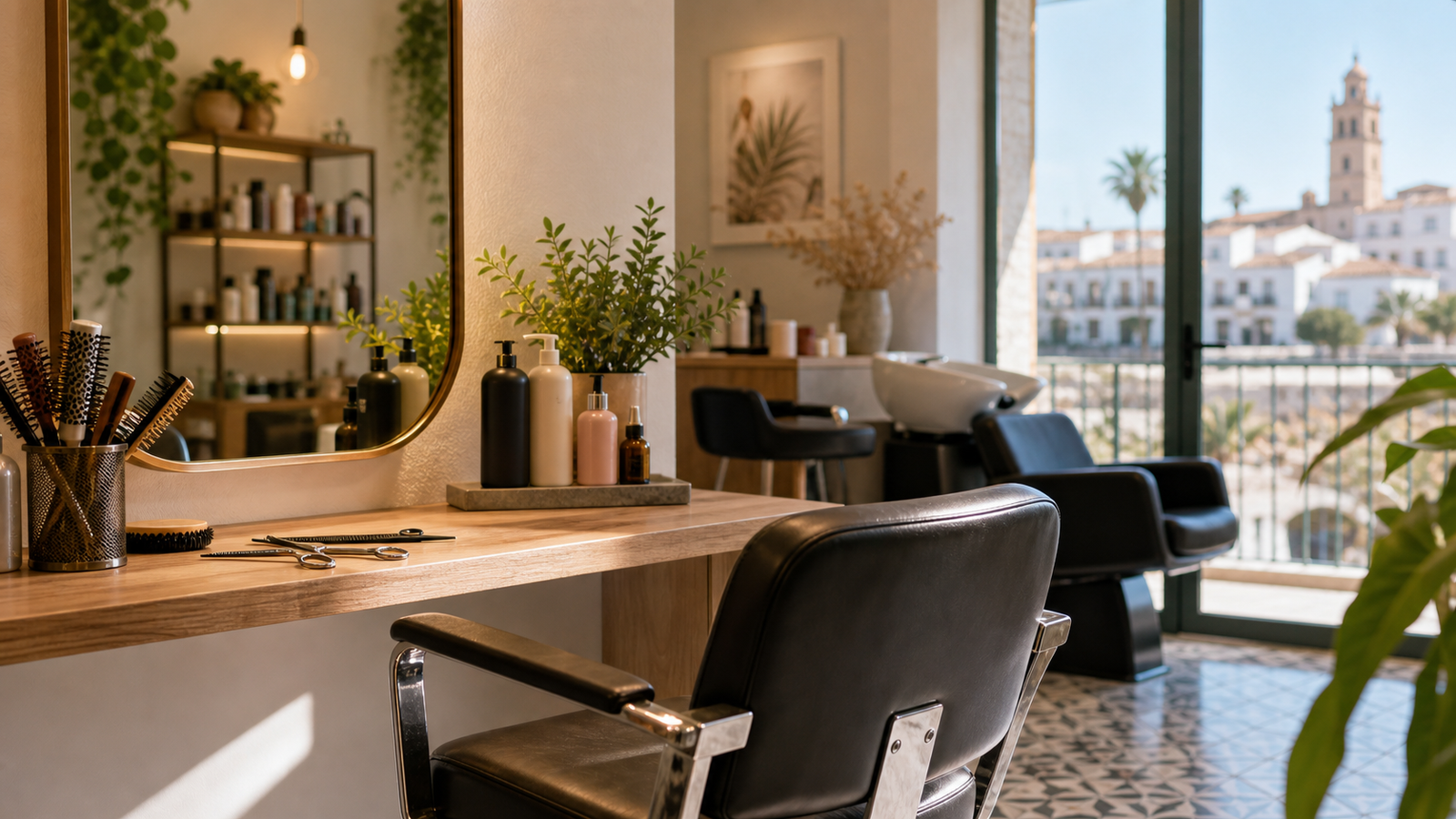 Interior luminoso de una peluquería en Huelva con silla de corte y productos de cabello