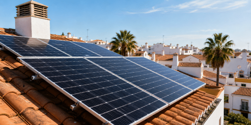 Placas solares instaladas en una vivienda de Huelva con cielo despejado