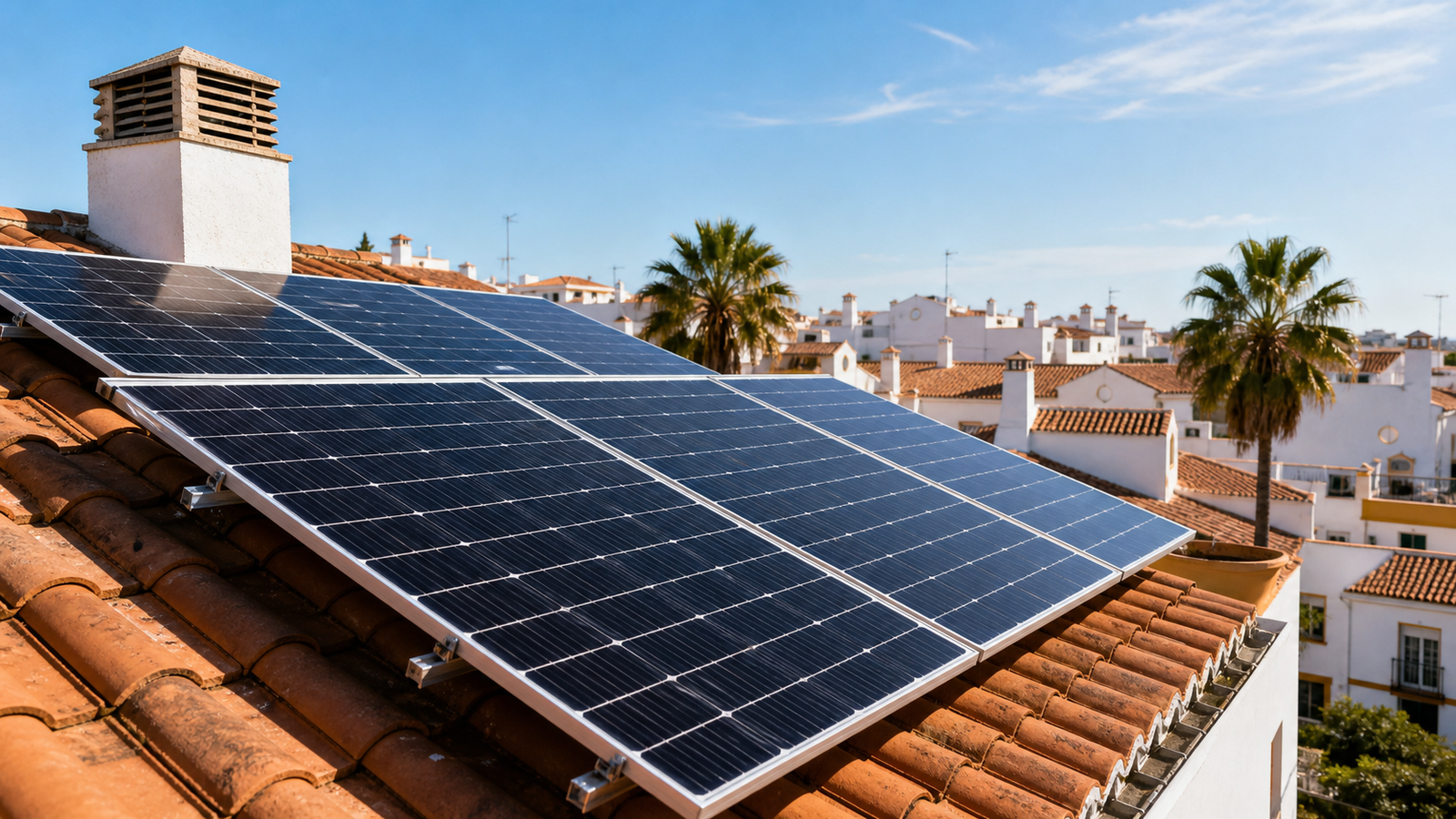 Placas solares instaladas en una vivienda de Huelva con cielo despejado