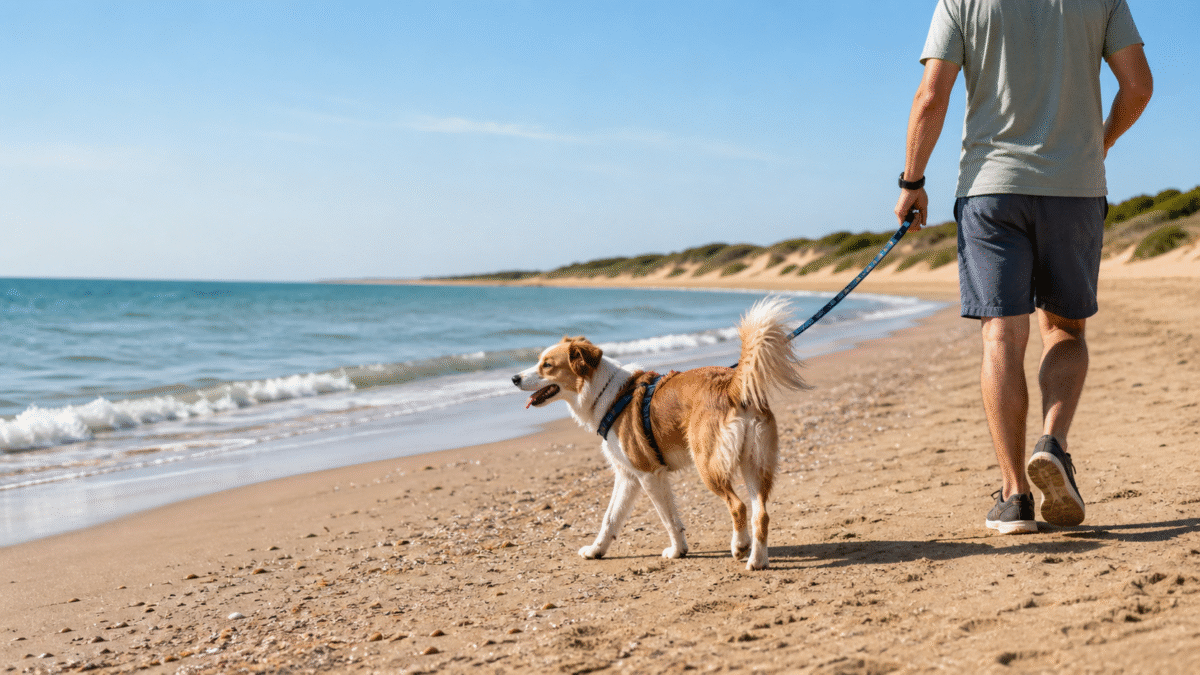 Perro con correa en una playa de Huelva apta para mascotas