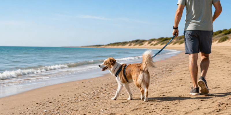 Perro con correa en una playa de Huelva apta para mascotas