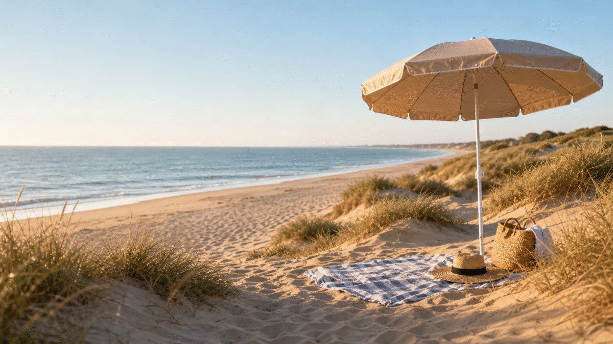 Playa tranquila de Huelva protegida por dunas en un día con poco viento