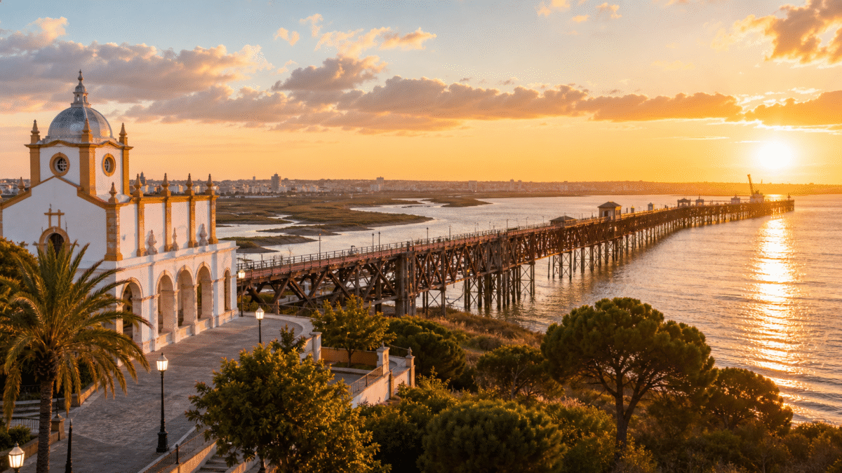 Vista de Huelva con el Muelle del Tinto y la ría al atardecer