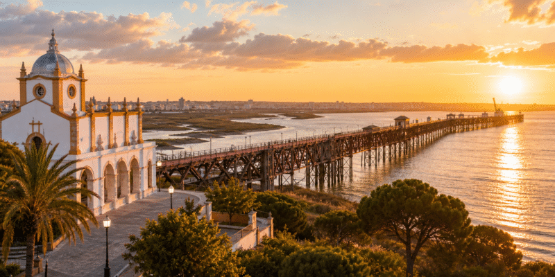 Vista de Huelva con el Muelle del Tinto y la ría al atardecer
