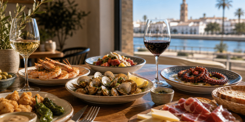 Mesa de restaurante en Huelva con tapas, marisco y platos mediterráneos