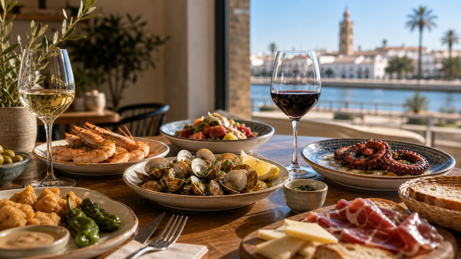 Mesa de restaurante en Huelva con tapas, marisco y platos mediterráneos