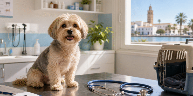 Consulta veterinaria en Huelva con un perro pequeño en la camilla
