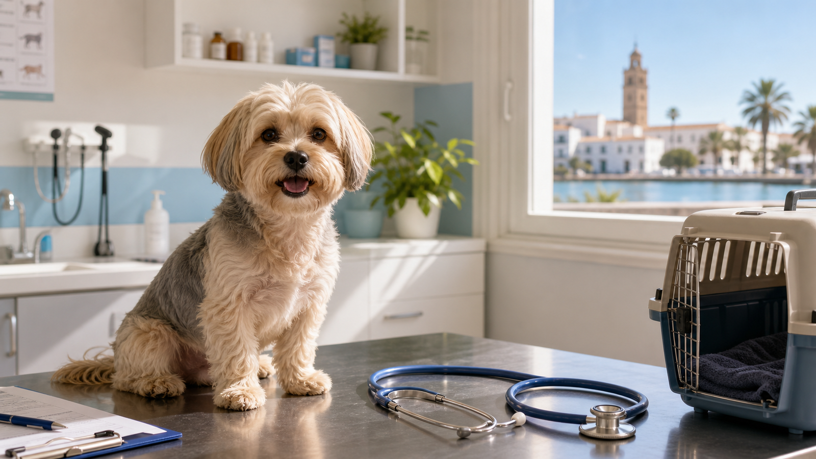 Consulta veterinaria en Huelva con un perro pequeño en la camilla